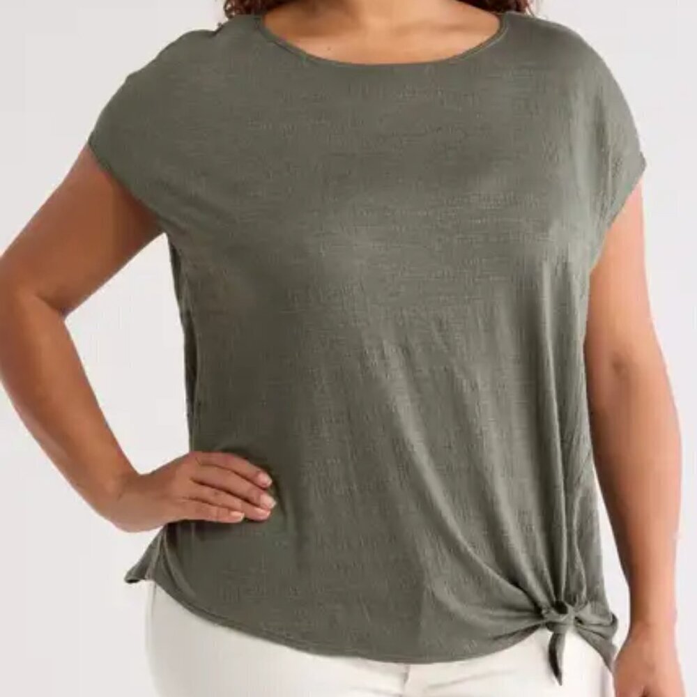 Max Studio Side-Tie Crinkle Knit Top Size 3X Green Short Sleeve Tee-Shirt NWT